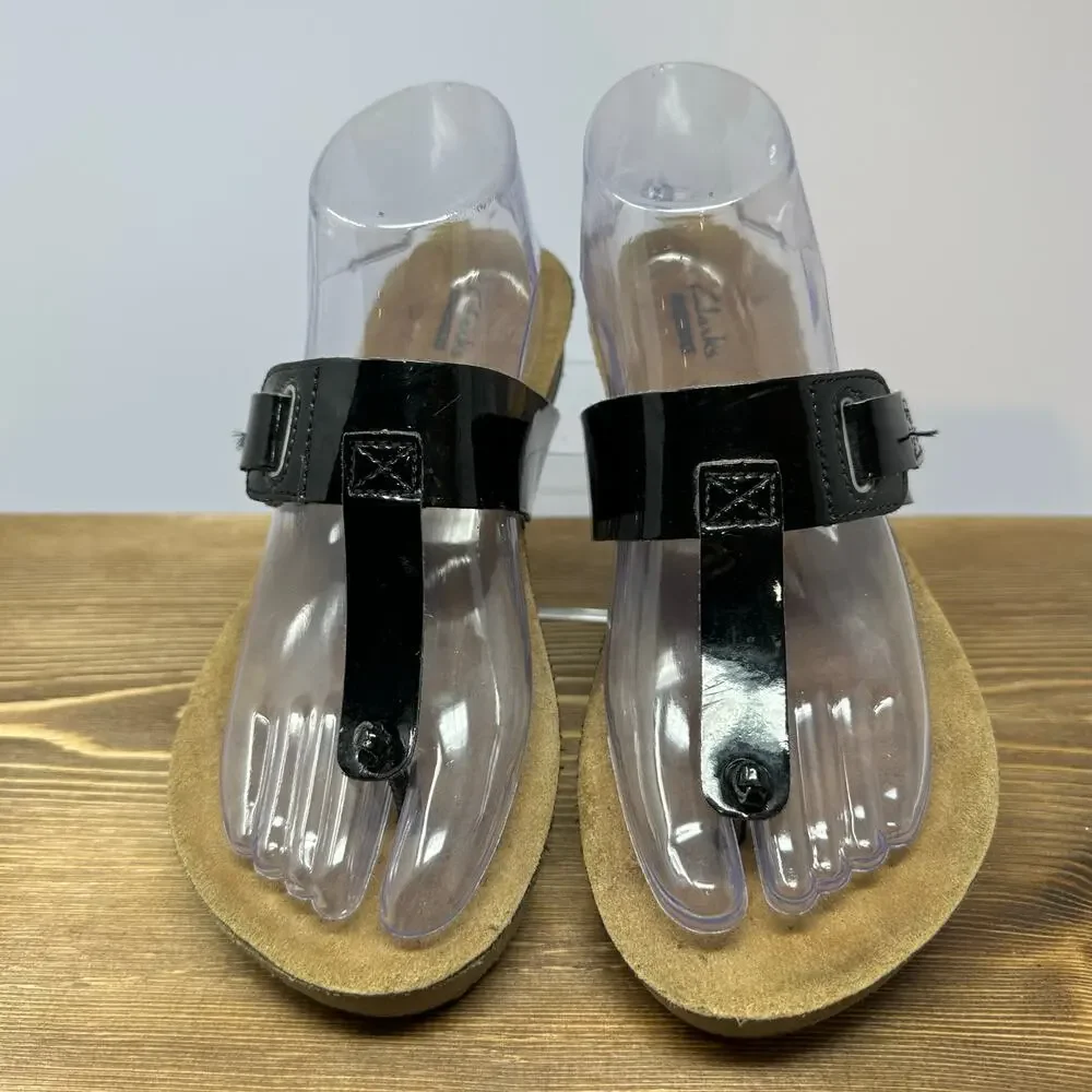 CLARKS Shiny Black Patent Leather Cork Sandals Womens 6 Flip Flops Comfort Shoes